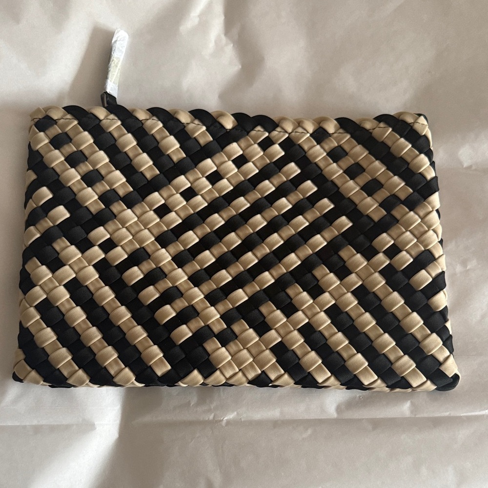 NEW Naghedi top zip Woven neoprene Black and Tan Pouch / Clutch. 10” x 7”